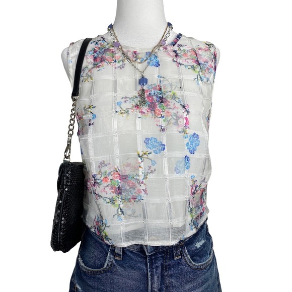 Erin by Erin Fetherston Sheer Floral Blouse Womens Small Ivory Sleeveless Top - Picture 1 of 7